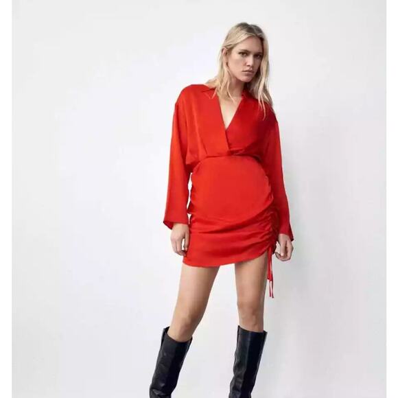 Zara Lipstick Red Satin Finish Mini‎ Dress Adjustable Side Cinching Size XS - Picture 11 of 11